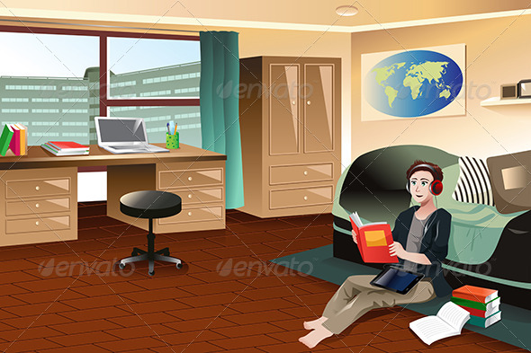 College Student Studying in Dorm - People Characters