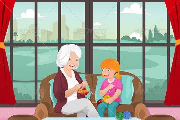 Grandma Teaching her Granddaughter Knitting - People Characters