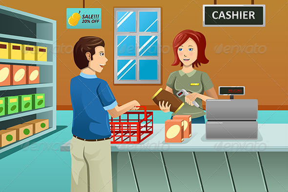 Cashier Working in the Grocery Store - Commercial / Shopping Conceptual
