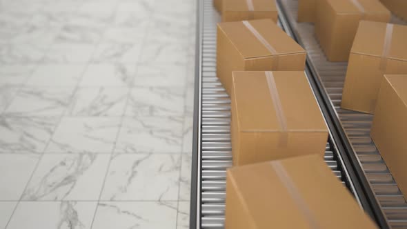 Cardboard boxes on conveyor belt line isolated on white grey background