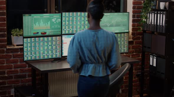 Female Broker Analyzing Stock Market Sales Growing on Multi Monitors alt