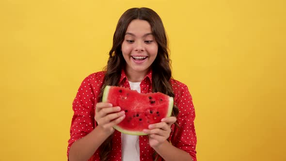 Amazed Teen Girl Biting Water Melon Slice Yummy