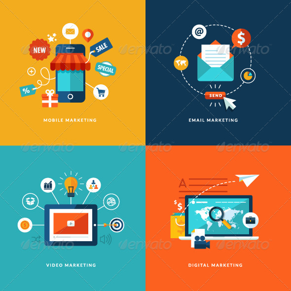 Flat Design Concept Icons for Internet Marketing - Conceptual Vectors