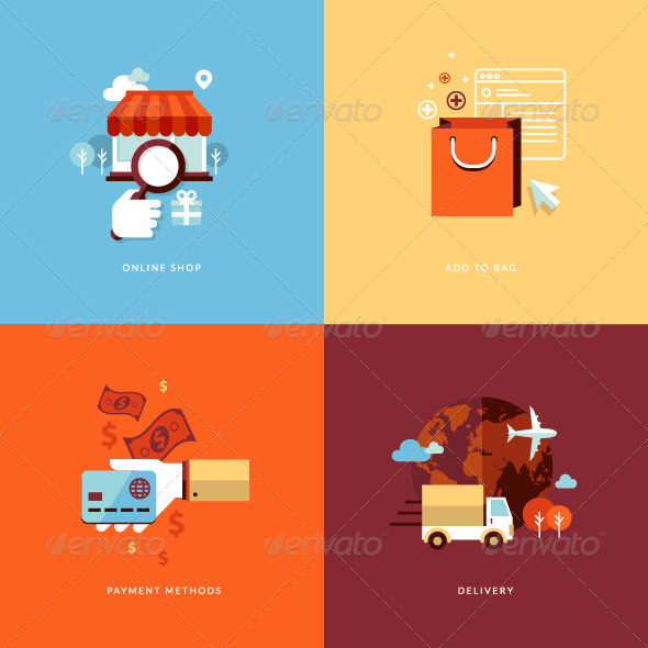 Flat Design Concept Icons for Online Shopping - Conceptual Vectors