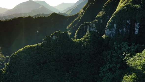 Haena. Hawaii, Green, Overgrown with Tropical Vegetation, Mountain Peaks, Aerial Footage alt