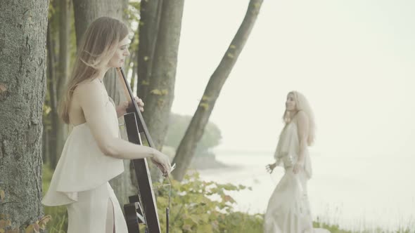 Two Beautiful Girls in Dresses Play the Violin and Cello Standing on the Edge of the Sea Cliff