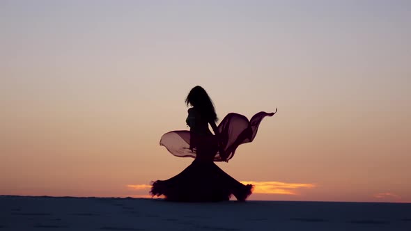 Dancer Sexually Dances on the Sand Against the Background of a Fiery Sunset. Silhouettes alt