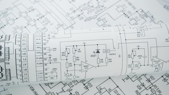 Electronics and Engineering. Printed drawings of electrical circuits alt