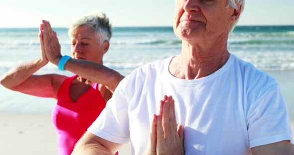 Senior couple doing yoga at beach alt