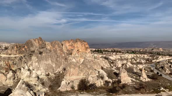 Panorama of the Uchisar valley and the city of Goreme. Cave towns. Cappadocia alt