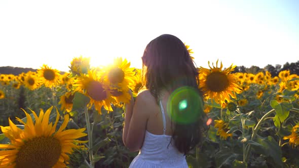 Young Girl with Bouquet of Flowers in Hands Walking Along Sunflowers Field. Sun Shine at Background alt