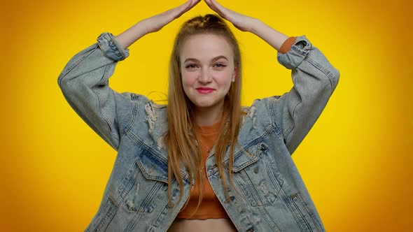 Girl Playing Childish Catching Up Game Feeling in Safe Making Roof Above Head with Hands Insurance alt