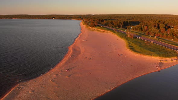  Lake Superior  Beach At Sunset. Aerial View.