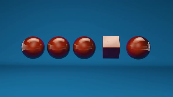 3D animation of red balls and one cube on a blue background. Abstract 4K animation, 3D rendering.
