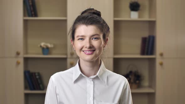 Beautiful Smiling Confident Young Woman Beautiful Face Looking at Camera Posing Alone at Home in alt