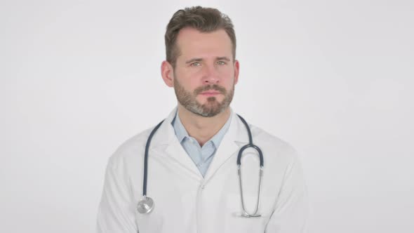 Portrait of Middle Aged Doctor Showing No Sign By Head Shake alt