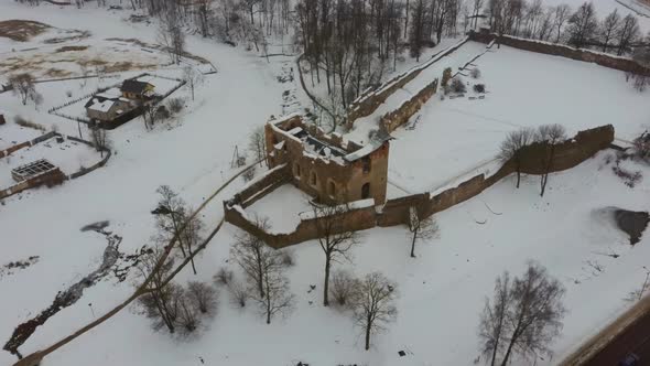 Ruins of Ancient Livonian Order's Stone Medieval Castle Latvia Aerial Drone Top Shot  alt