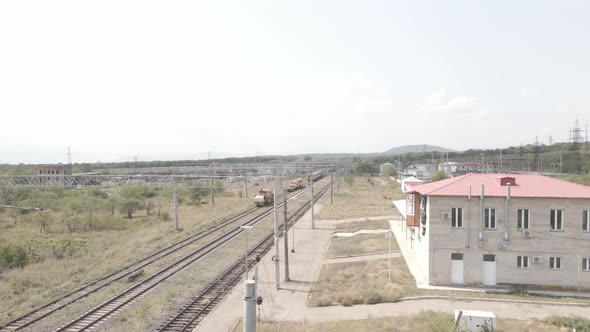 Samtskhe-Javakheti, Georgia - August 20 2021: Aerial view of Tetritskaro railway station alt