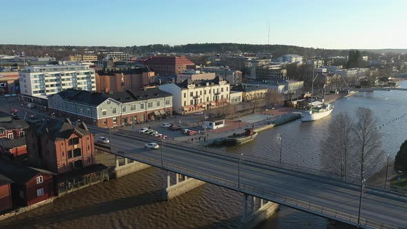 Drone Shot of the Driving Vehicles Crossing the Bridge in Porvoo Finland