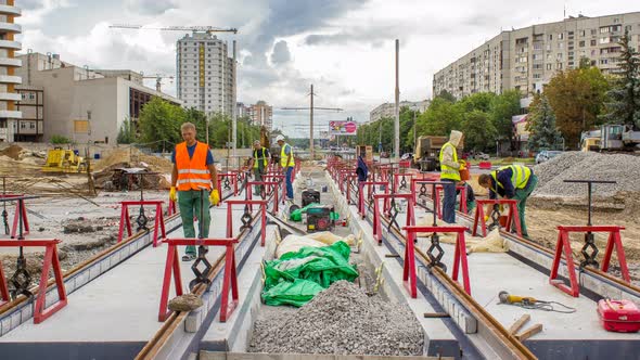 Tram Rails at the Stage of Their Installation and Integration Into Concrete Plates on the Road alt