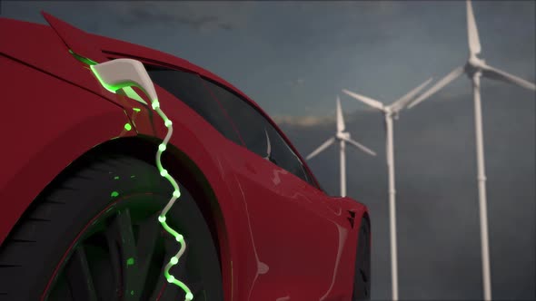 Generic electric red car charging with wind turbines in background