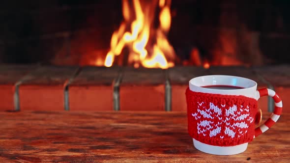 Christmas Cup Of Mulled Wine Near Fireplace Winter Holiday Xmas And New Year