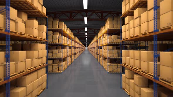 The flight of the camera in a large warehouse with boxes and parcels. Seamless looped first-person s