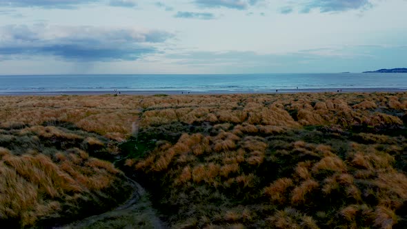 Aerial low view over marram grass anchored dunes at sunset. alt