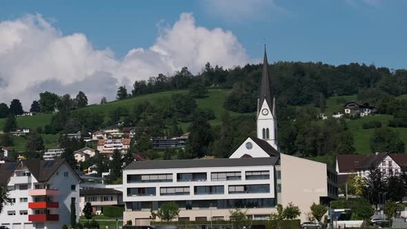 Panoramic View Liechtenstein with Houses on Green Fields in Alps Mountain Valley alt