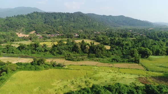 Natural landscapes around the city of Vang Vieng in Laos seen from the sky alt