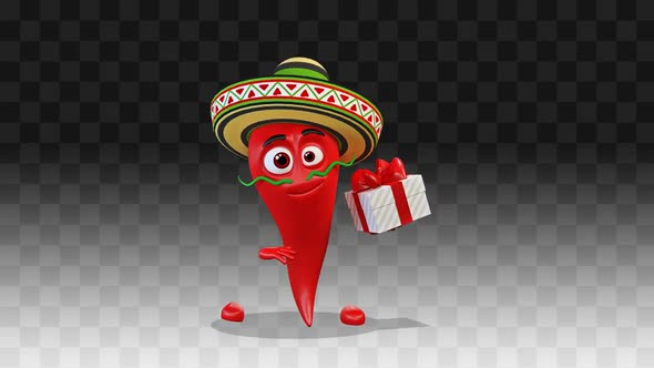 Chili Pepper Is Dancing With A Gift Box alt