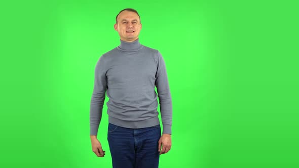 Male Waving Hand and Showing Gesture Come Here. Green Screen alt