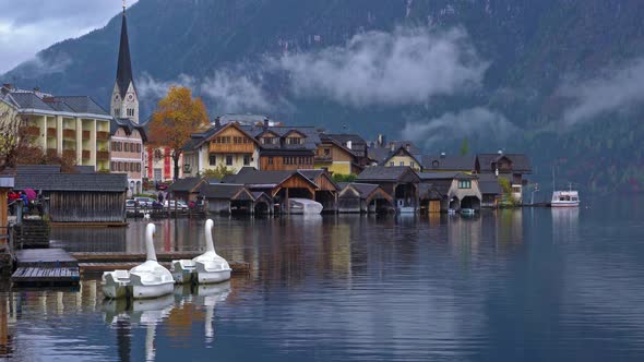 Traditional Homes near Lake in Famous Hallstatt Village in Salzkammergut Area Austria