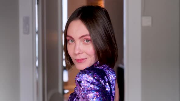 Positive Lady Open Back Shiny Purple Dress Light Room alt