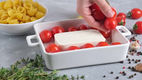 Preparation of ingredients for feta pasta