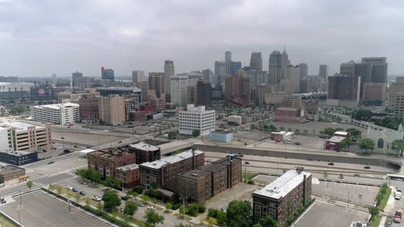 This video is of an aerial view of the Detroit downtown landscape area. This video was filmed in 4k alt