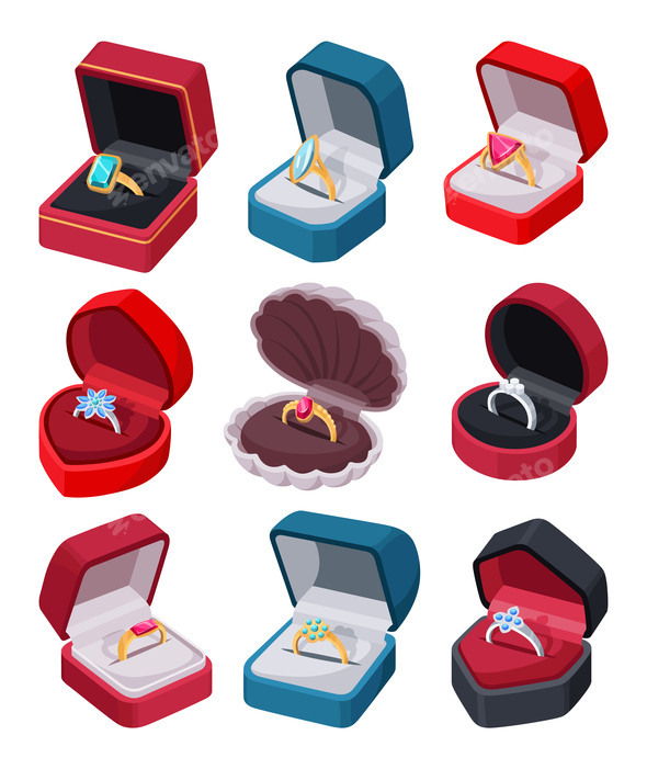 Engagement Rings with Precious Stone in Open Boxes