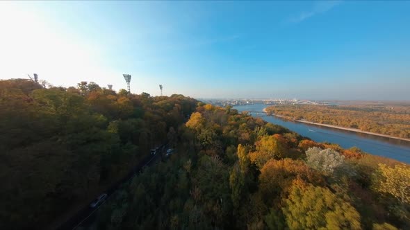 FPV Flight Over the Public Park on the Embankment of Kiev in the Autumn