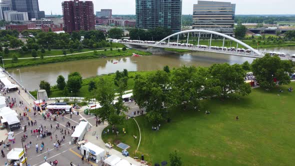 Columbus Arts Festival, Columbus Ohio, aerial drone footage, over the Scioto River on the Rich Stree alt