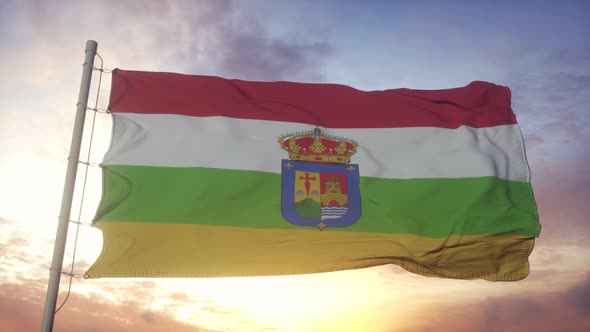 La Rioja Flag Spain Waving in the Wind Sky and Sun Background alt