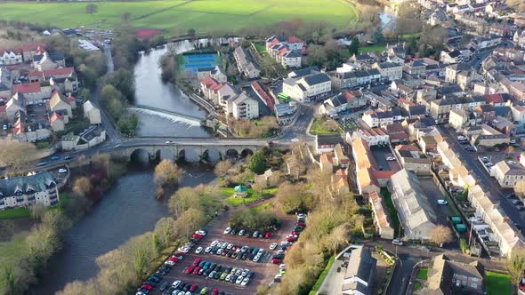 Aerial footage of the town centre of Wetherby in West Yorkshire in the UK
