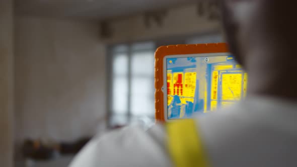 Close Up of African Builder Analyzing Heat on Wall with Thermal Imaging Camera App on Tablet alt
