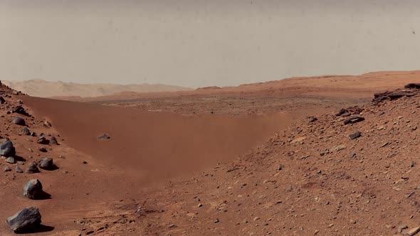 Dust storm over the Mars planet surface, Rock landscape of the red planet