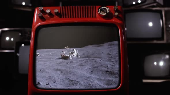 Lunar Roving Vehicle on the Moon as Seen on a Retro TV Set. alt