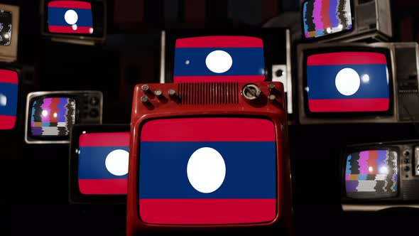 Flag of Laos on Retro TVs. 4K.