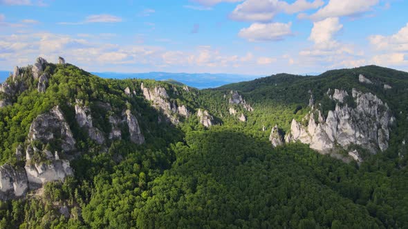 Aerial view of the Sulov rocks nature reserve in the village of Sulov in Slovakia alt