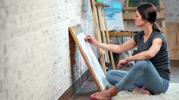 Skilled Creativity Female Painter Freehand Drawing Sketch on Canvas Full Shot alt