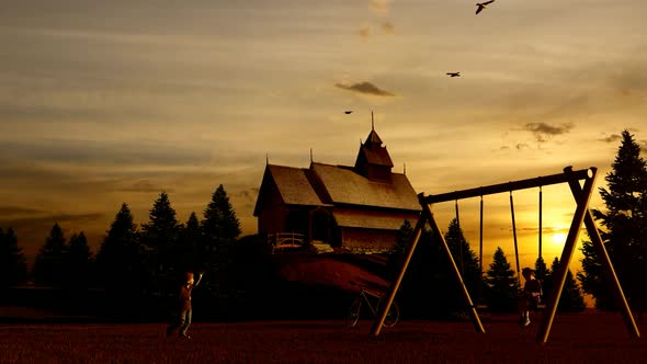 Wooden Chalet and Forest at Sunset View alt