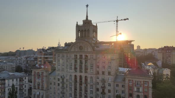Ukraine, Kyiv : City Center in the Morning at Sunrise. Aerial View. Kiev. alt