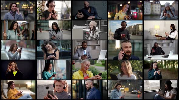 Collage Multiscreen People of Different Ages Nationalities and Genders Use a Mobile Phone alt